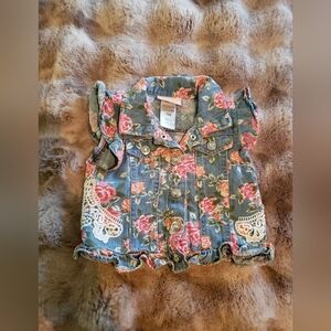 Little Lass Floral Denim Ruffle Pearl Snap Western Vest Embroidered Lace 18 M